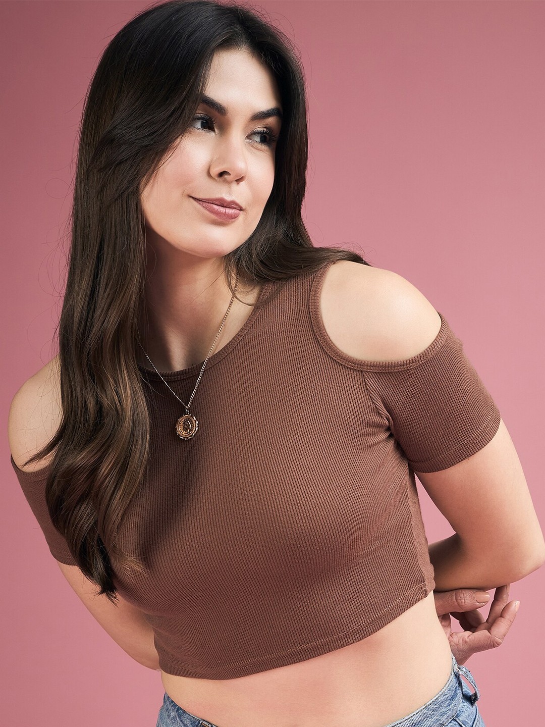 

DressBerry Round Neck Cold Shoulder Sleeves Crop Top, Brown