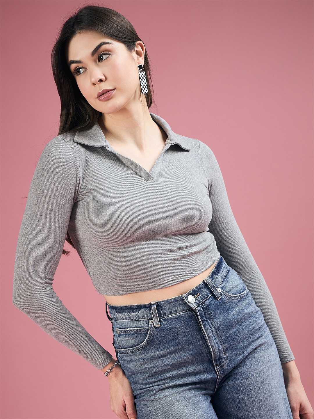 

DressBerry Shirt Collar Fitted Crop Top, Grey