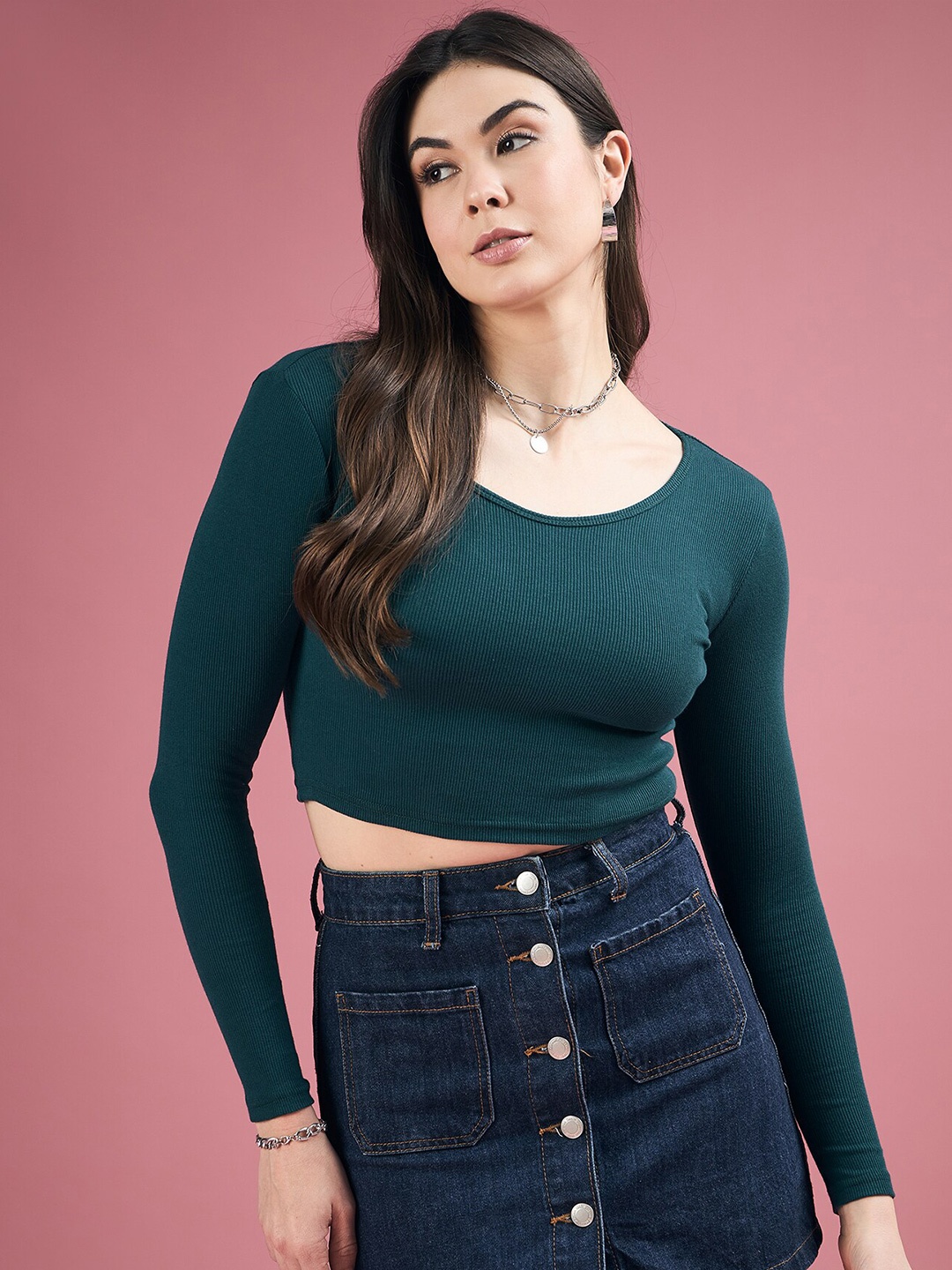 

DressBerry Teal Green Round Neck Fitted Crop Top