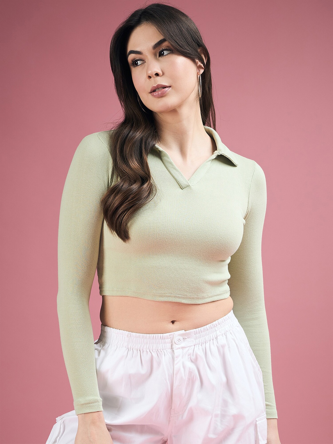 

DressBerry Shirt Collar Fitted Crop Top, Green
