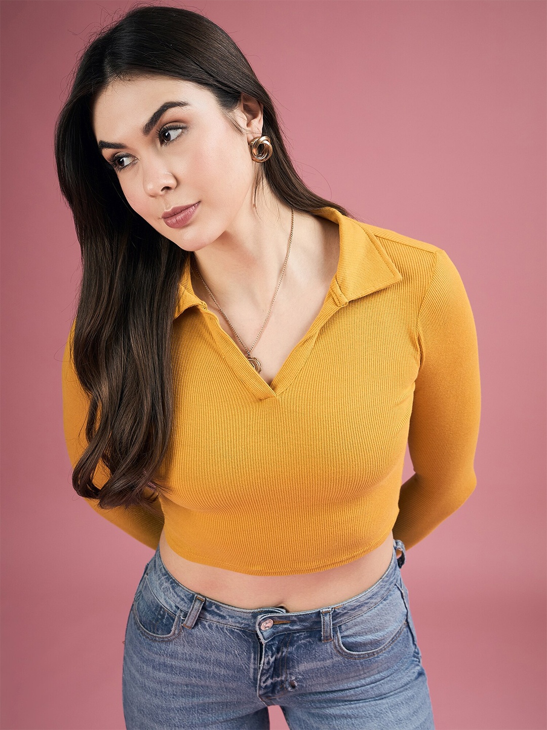 

DressBerry Shirt Collar Fitted Crop Top, Mustard