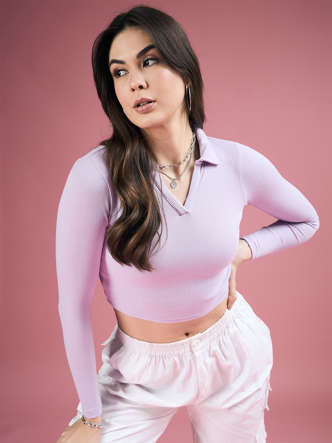 

DressBerry Shirt Collar Fitted Crop Top, Lavender