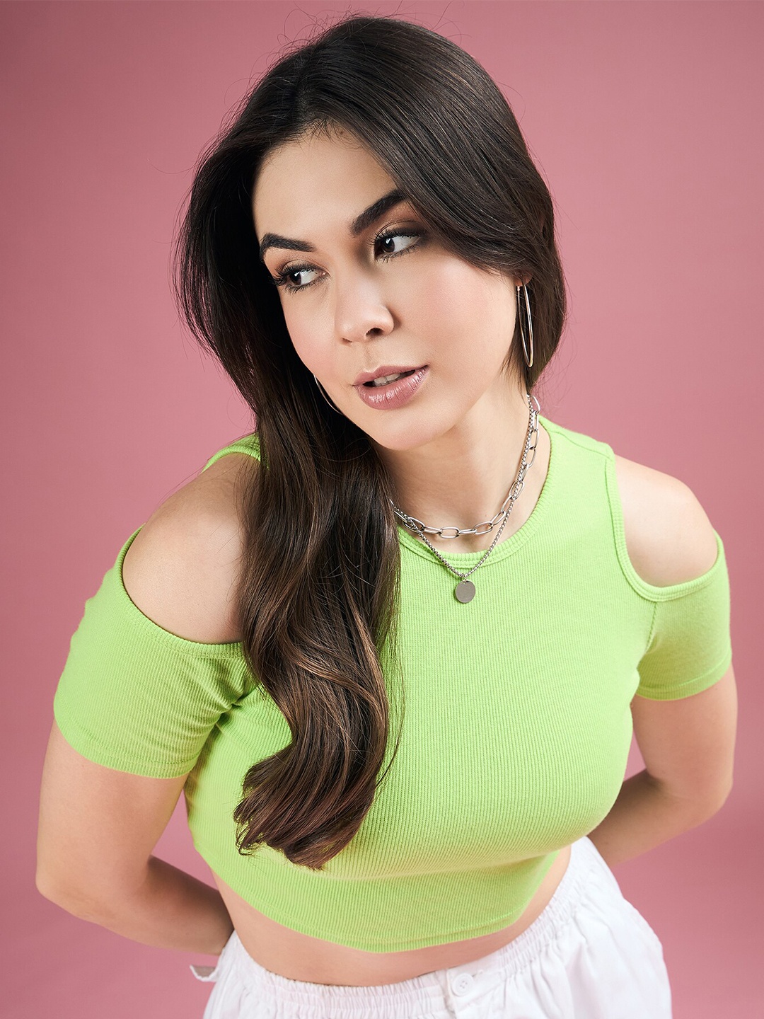 

DressBerry Green Round Neck Cold Shoulder Sleeves Crop Top, Fluorescent green