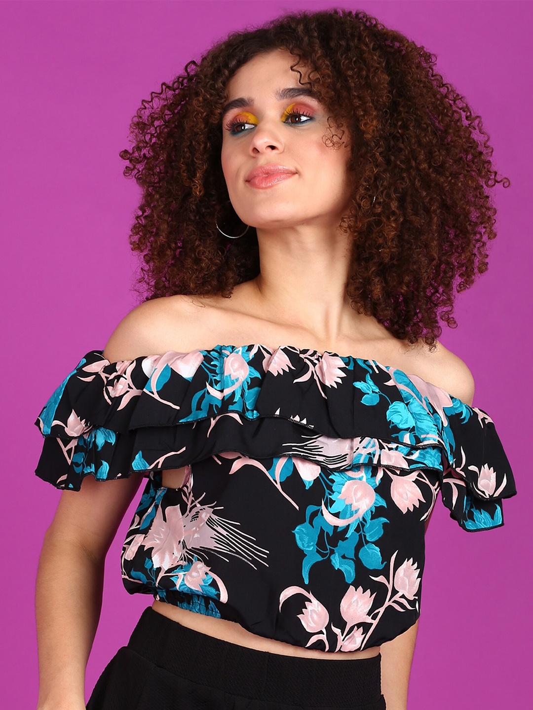 

Popwings Floral Print Off-Shoulder Flutter Sleeve Bardot Crop Top, Black