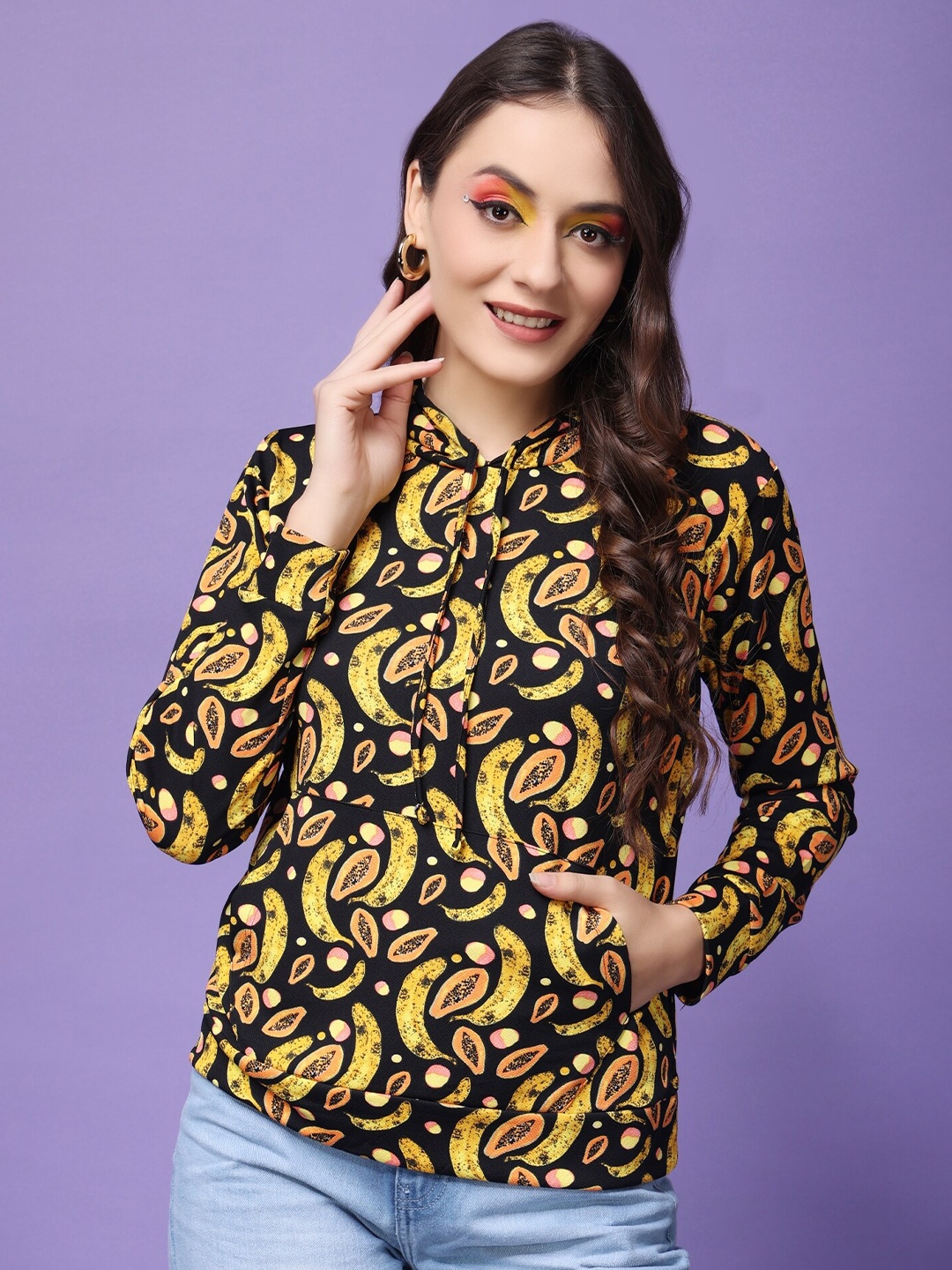 

Popwings Conversational Printed Hooded Pullover Sweatshirt, Yellow