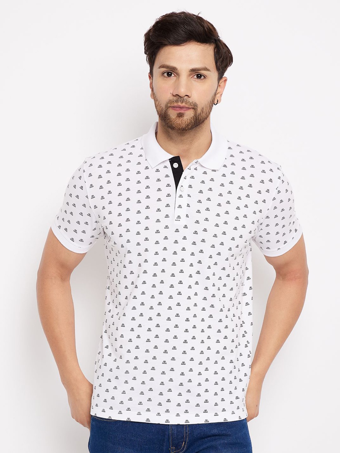 

WILD WEST Geometric Printed Polo Collar T-shirt, White