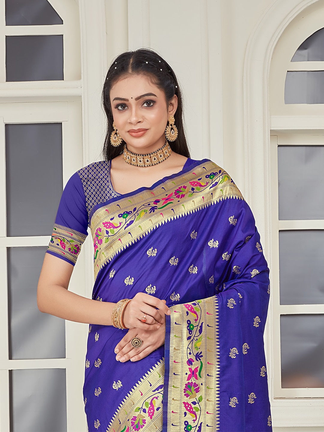 

Pionex Ethnic Motifs Woven Design Zari Pure Silk Paithani Saree, Blue