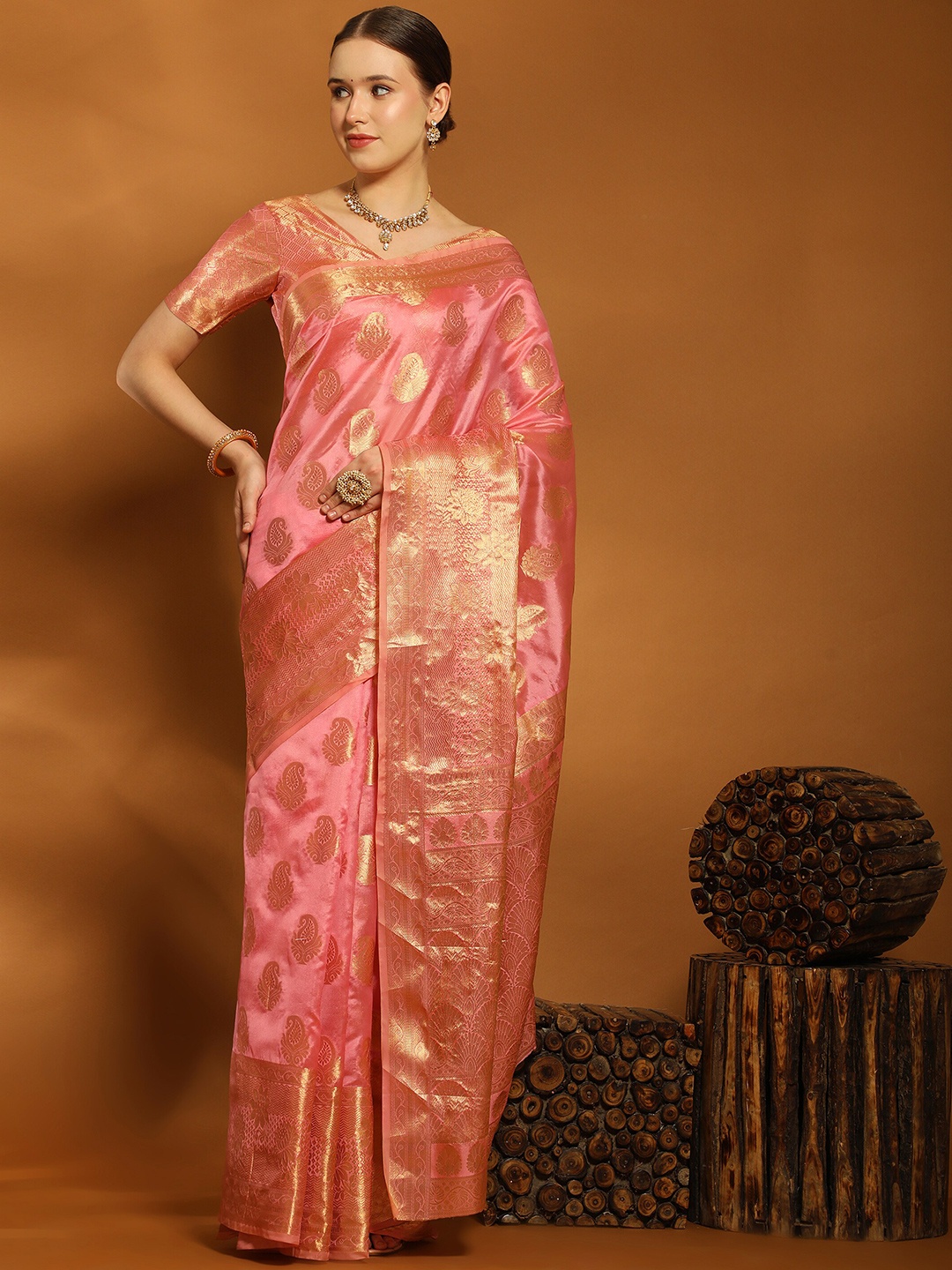 

YAVIRA SILK Ethnic Motifs Woven Design Zari Organza Kota Saree, Pink