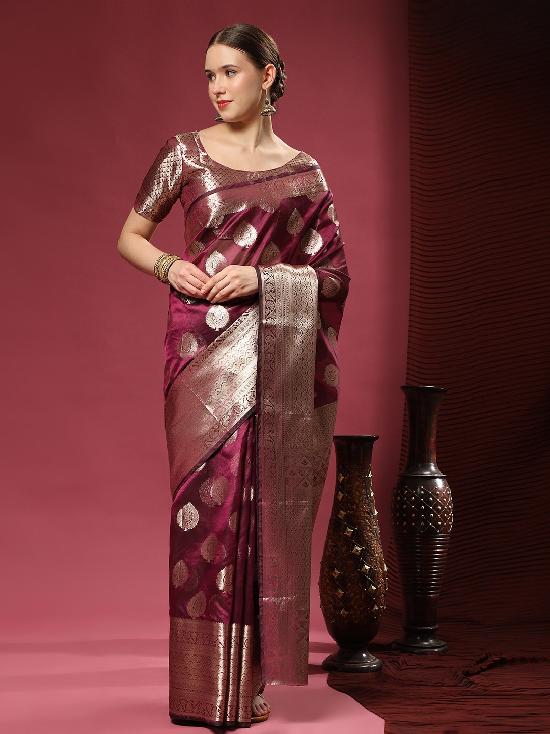 

YAVIRA SILK Ethnic Motifs Woven Design Zari Organza Kota Saree, Magenta
