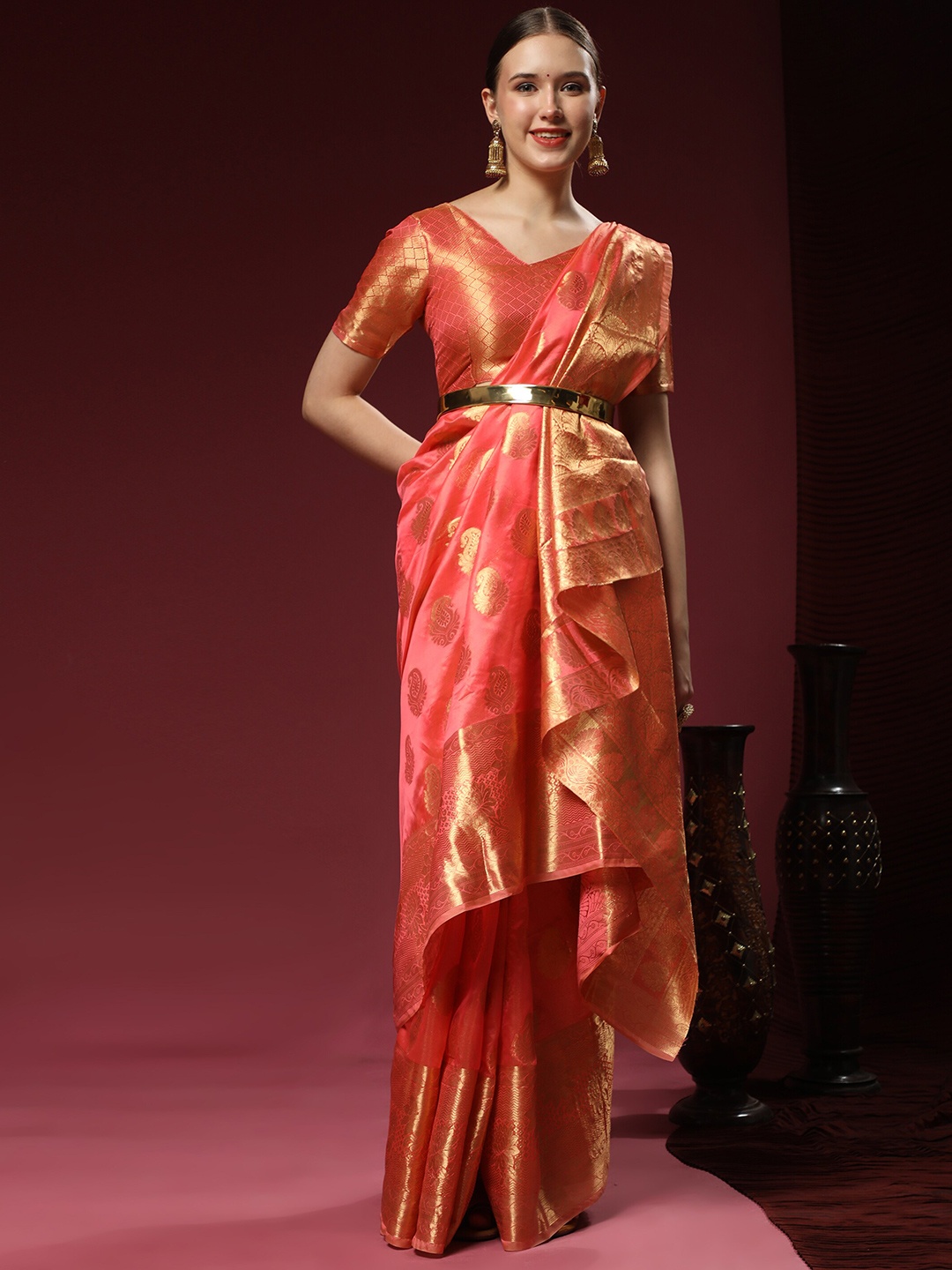 

YAVIRA SILK Ethnic Motifs Woven Design Zari Organza Kota Saree, Peach