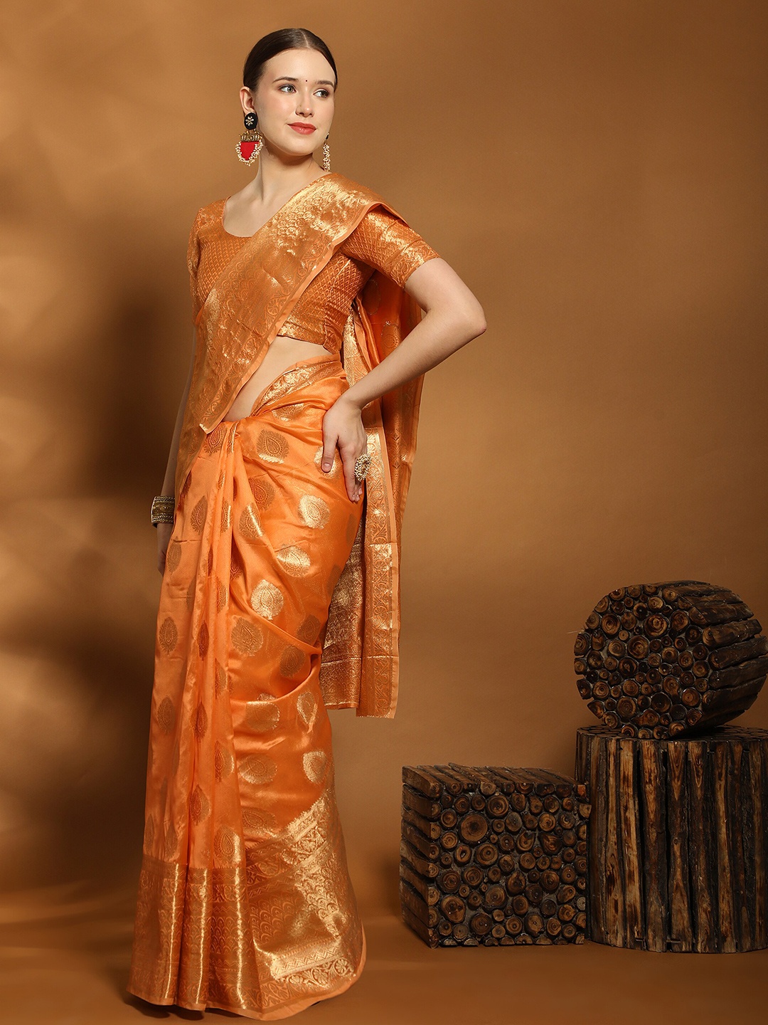 

YAVIRA SILK Ethnic Motifs Woven Design Zari Organza Kota Saree, Orange
