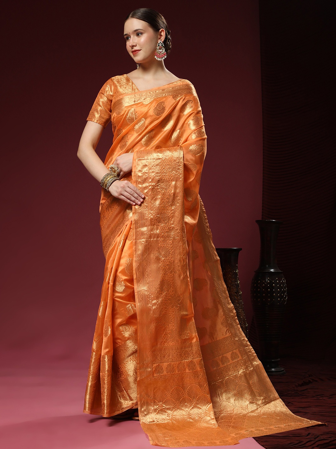 

YAVIRA SILK Paisley Woven Design Zari Organza Kota Saree, Orange