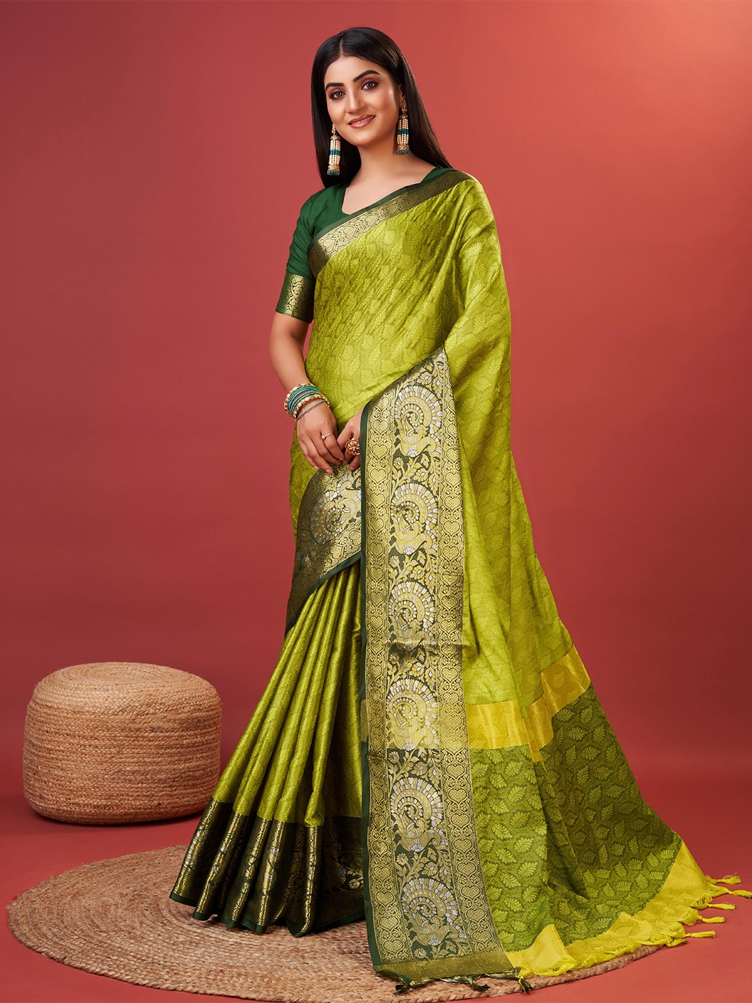 

YAVIRA SILK Ethnic Motifs Woven Design Zari Silk Cotton Chanderi Saree, Lime green