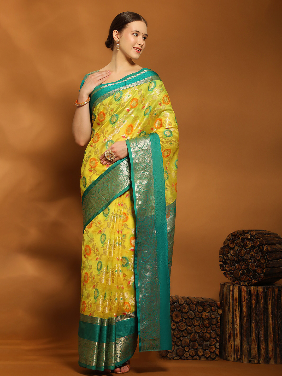

YAVIRA SILK Ethnic Motifs Woven Design Zari Banarasi Saree, Teal