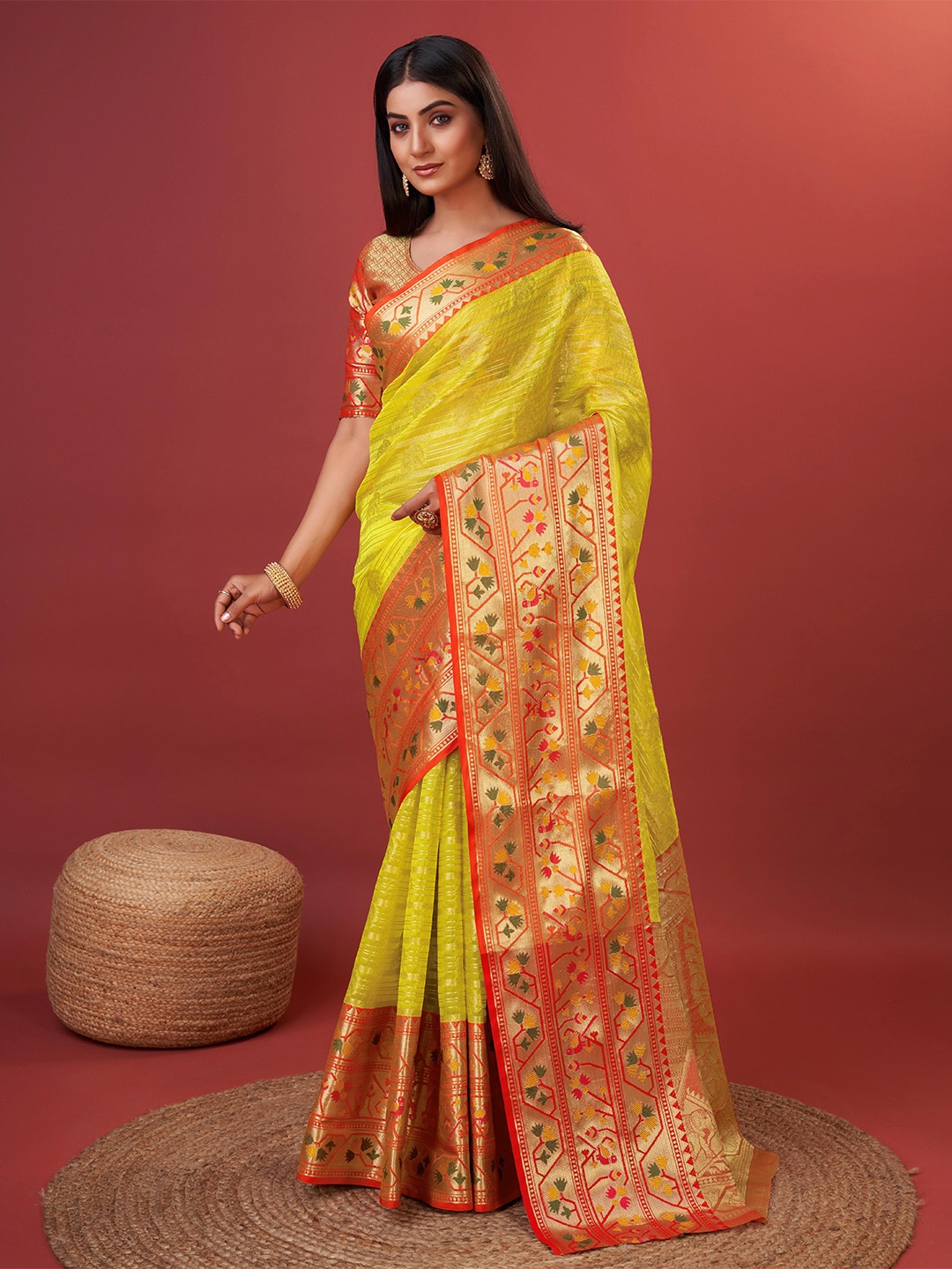 

YAVIRA SILK Ethnic Motifs Woven Design Zari Banarasi Saree, Yellow