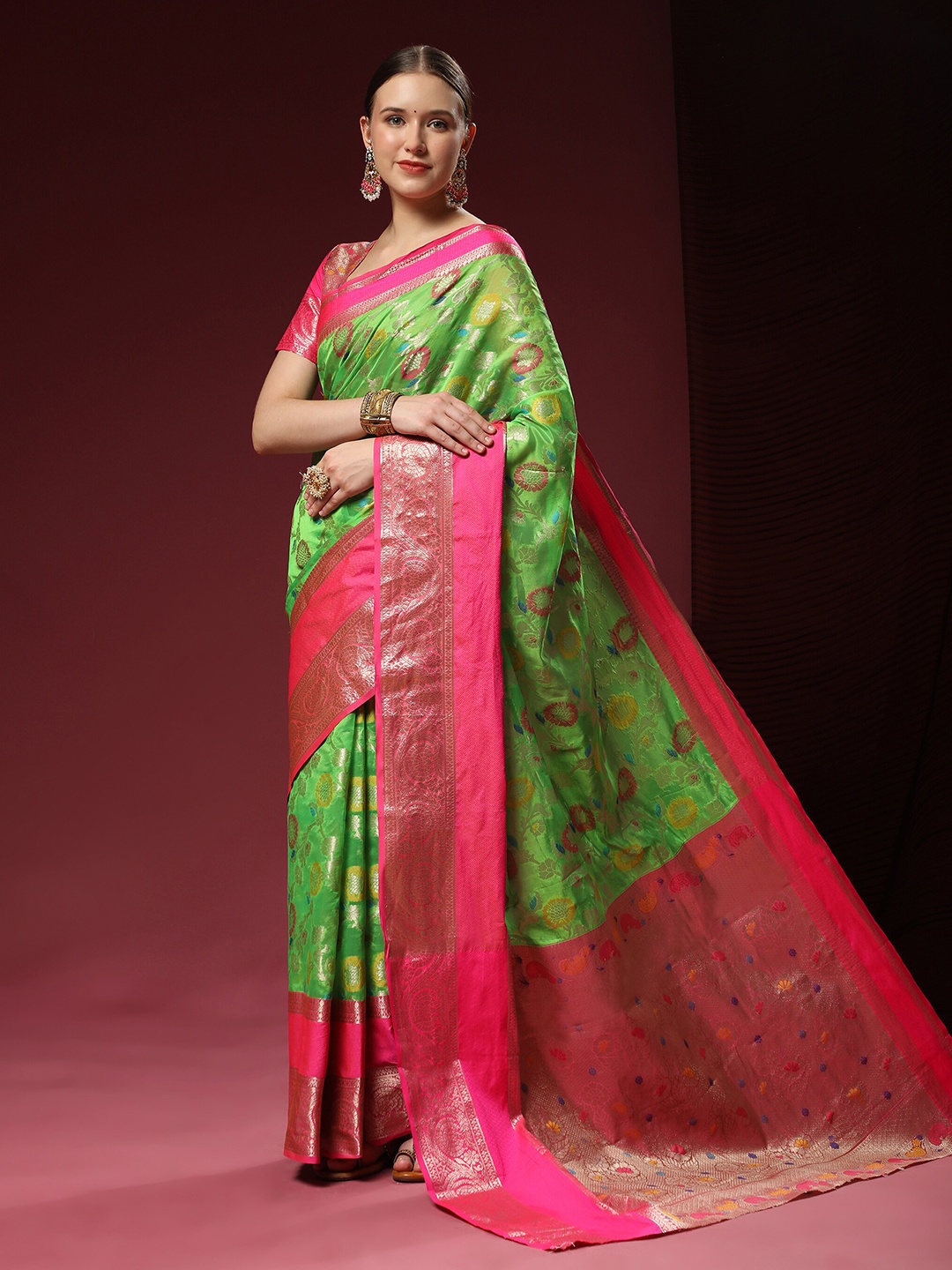 

YAVIRA SILK Ethnic Motifs Woven Design Zari Banarasi Saree, Pink