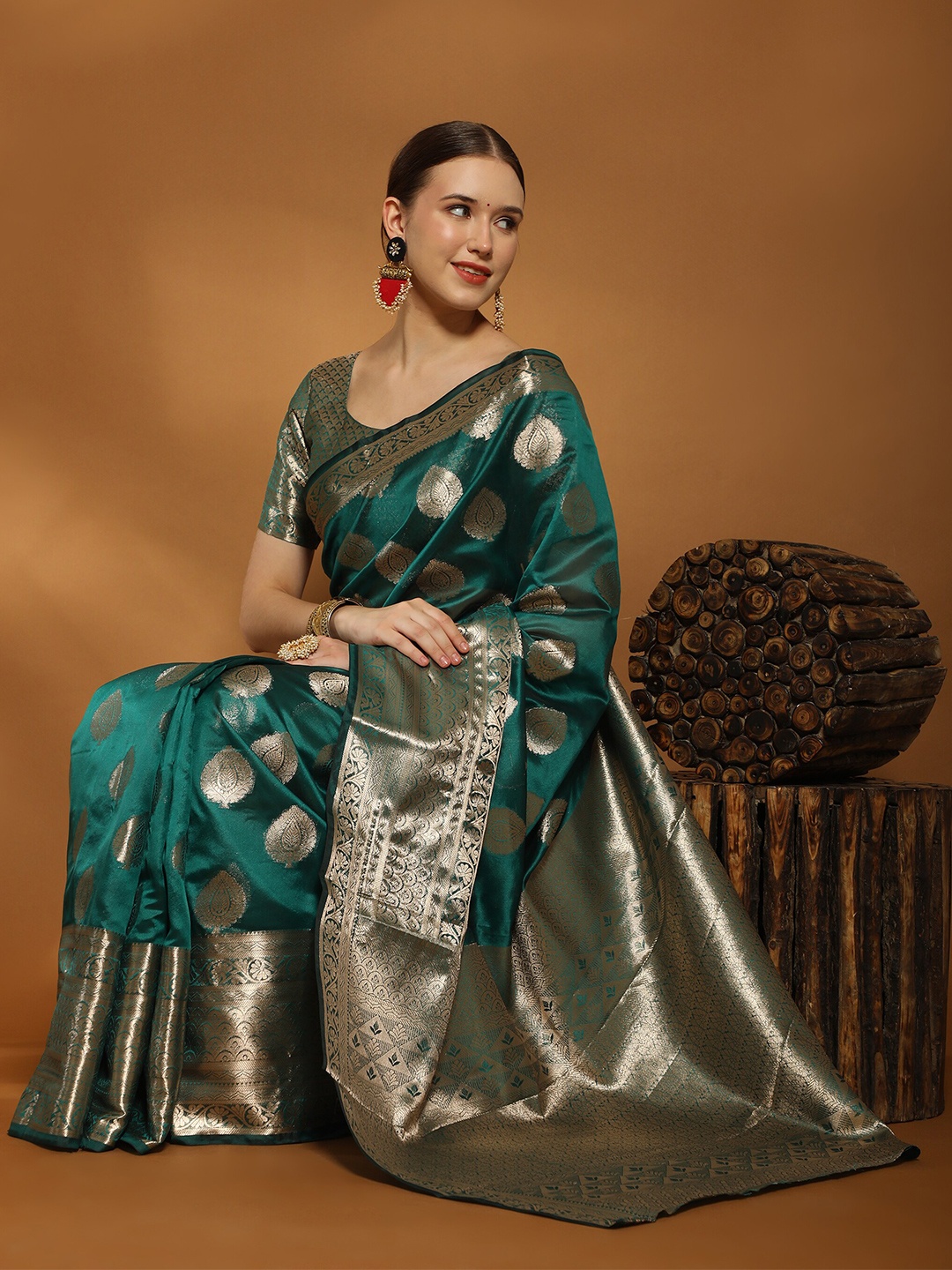 

YAVIRA SILK Ethnic Motifs Woven Design Zari Organza Kota Saree, Teal