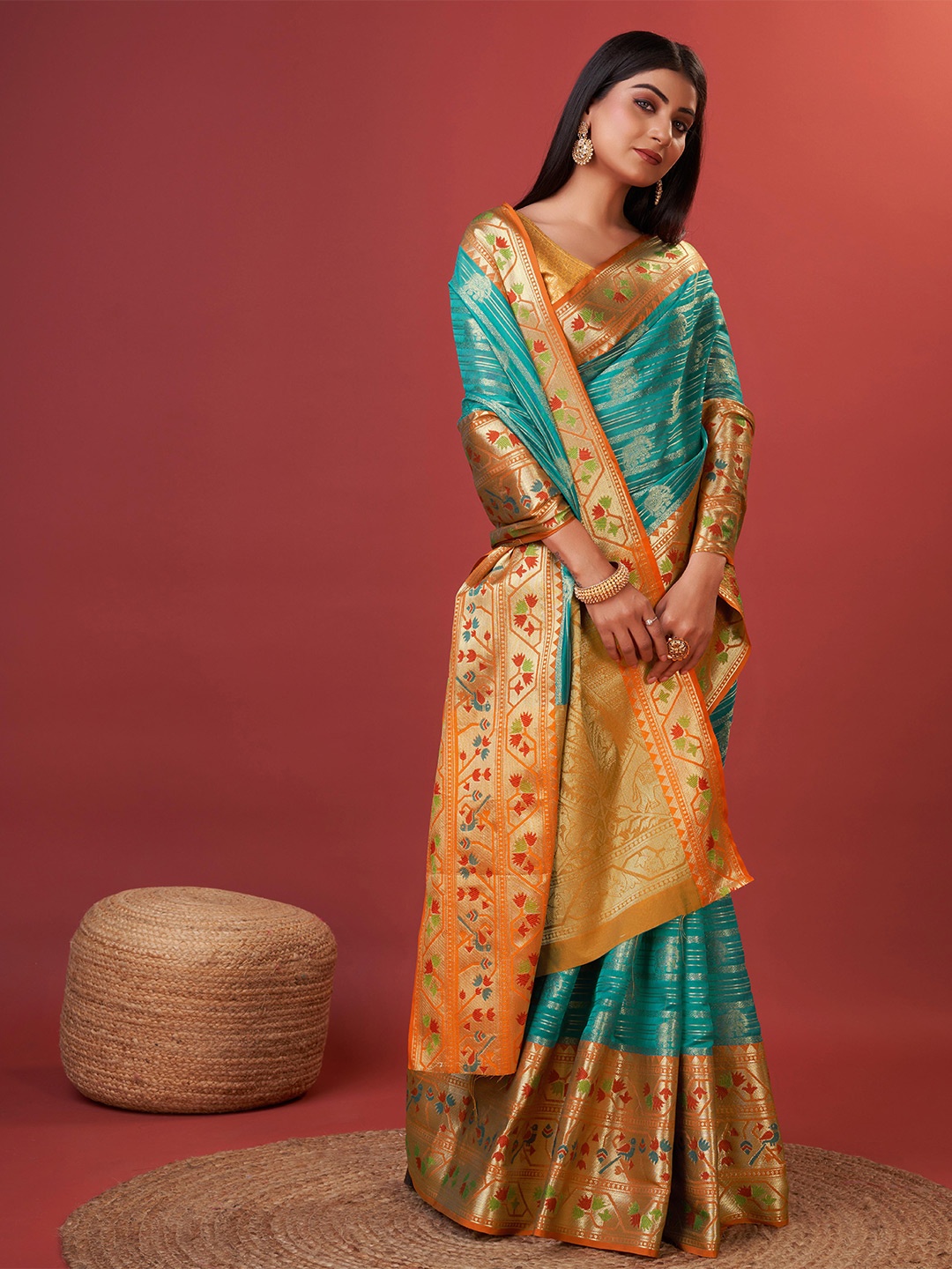 

YAVIRA SILK Striped Woven Design Zari Banarasi Saree, Teal