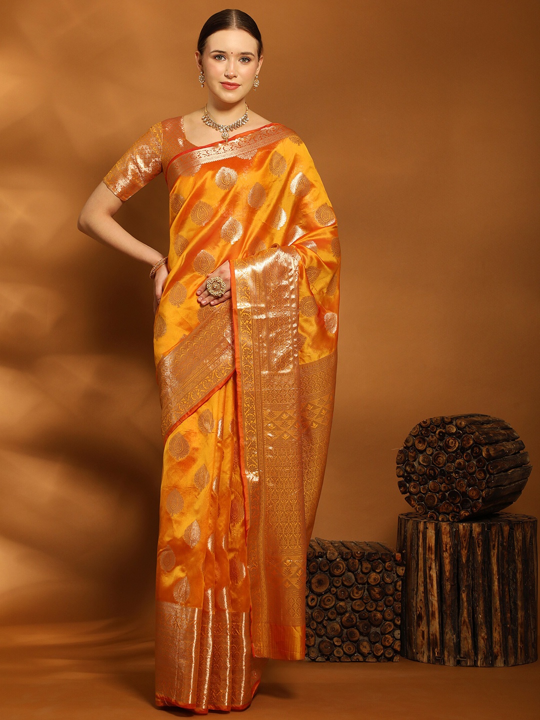 

YAVIRA SILK Ethnic Motifs Woven Design Zari Organza Kota Saree, Orange