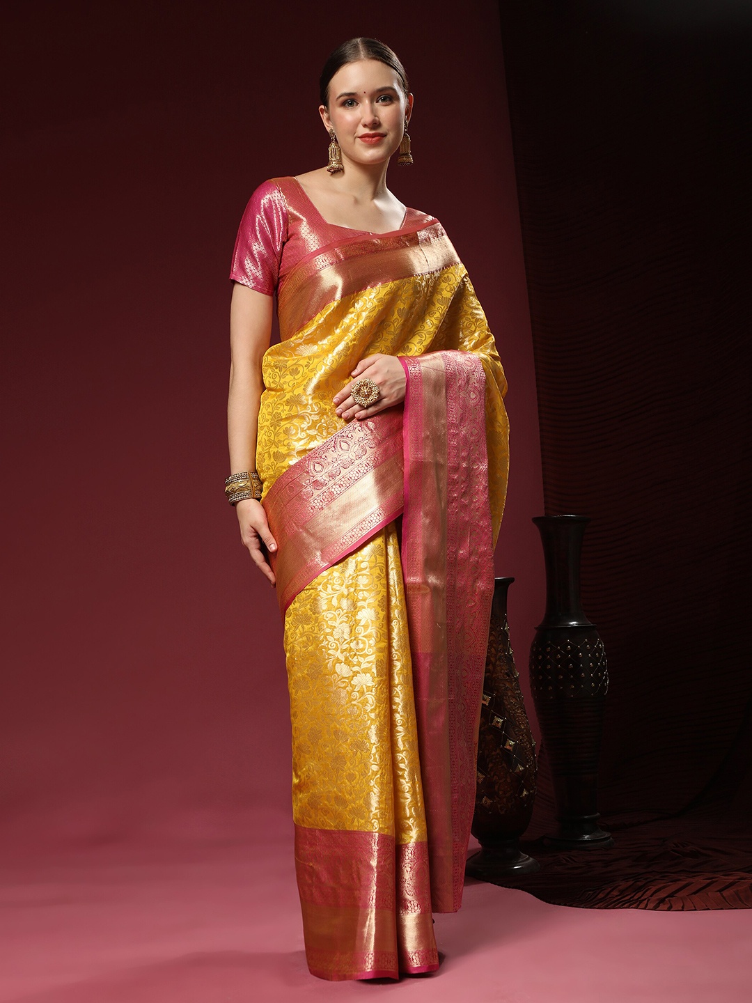 

YAVIRA SILK Ethnic Motifs Woven Design Zari Banarasi Saree, Yellow