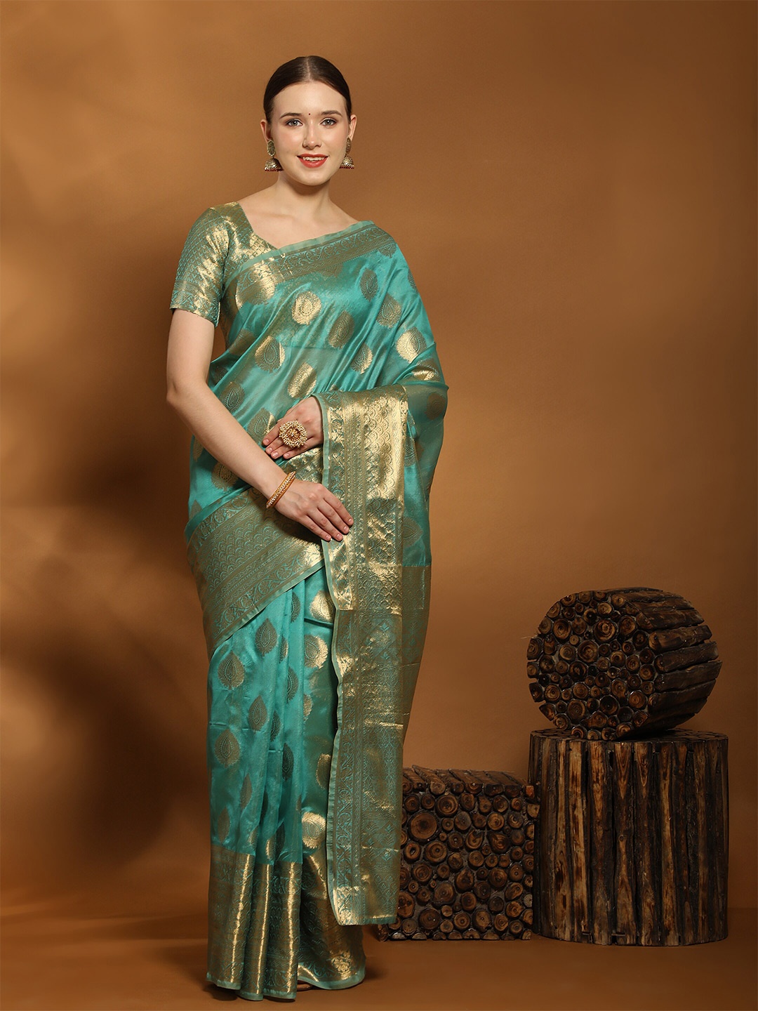 

YAVIRA SILK Ethnic Motifs Woven Design Zari Organza Kota Saree, Sea green