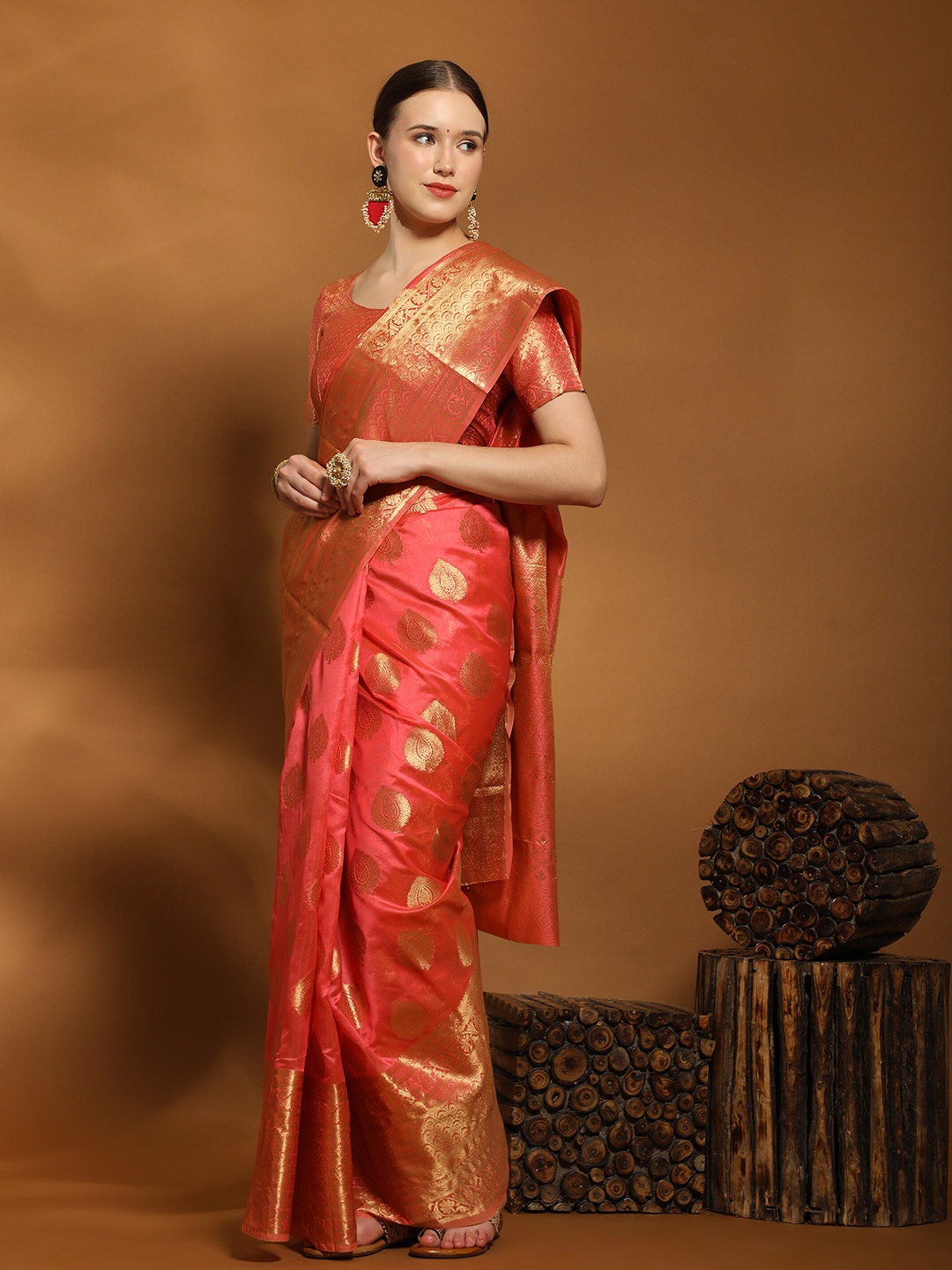 

YAVIRA SILK Ethnic Motifs Woven Design Zari Organza Kota Saree, Peach