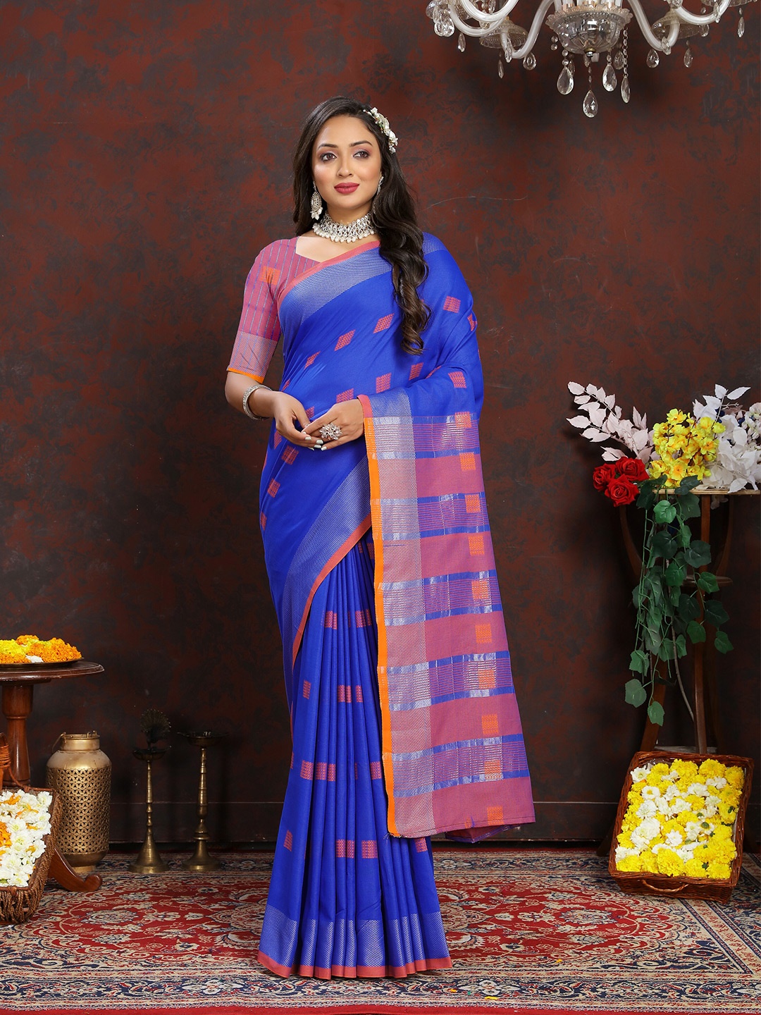 

YAVIRA SILK Ethnic Motifs Woven Design Zari Silk Cotton Chanderi Saree, Blue