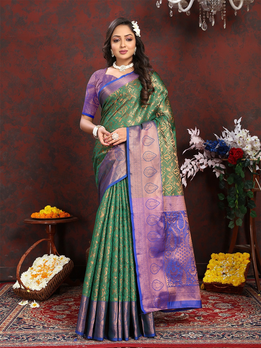 

YAVIRA SILK Ethnic Motifs Woven Design Zari Banarasi Saree, Olive