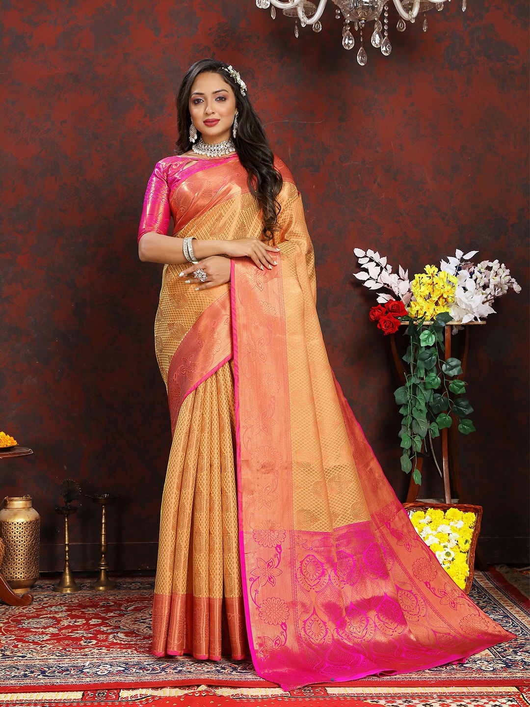 

YAVIRA SILK Ethnic Motifs Woven Design Zari Banarasi Saree, Orange