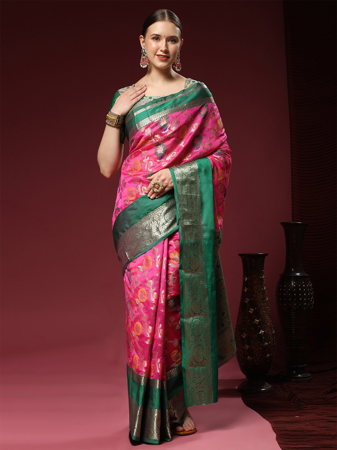 

YAVIRA SILK Ethnic Motifs Woven Design Zari Banarasi Saree, Pink