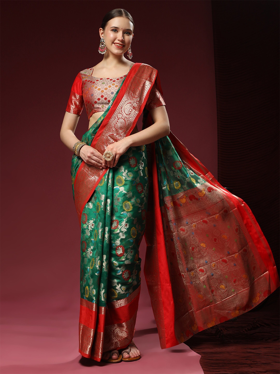 

YAVIRA SILK Ethnic Motifs Woven Design Zari Banarasi Saree, Red
