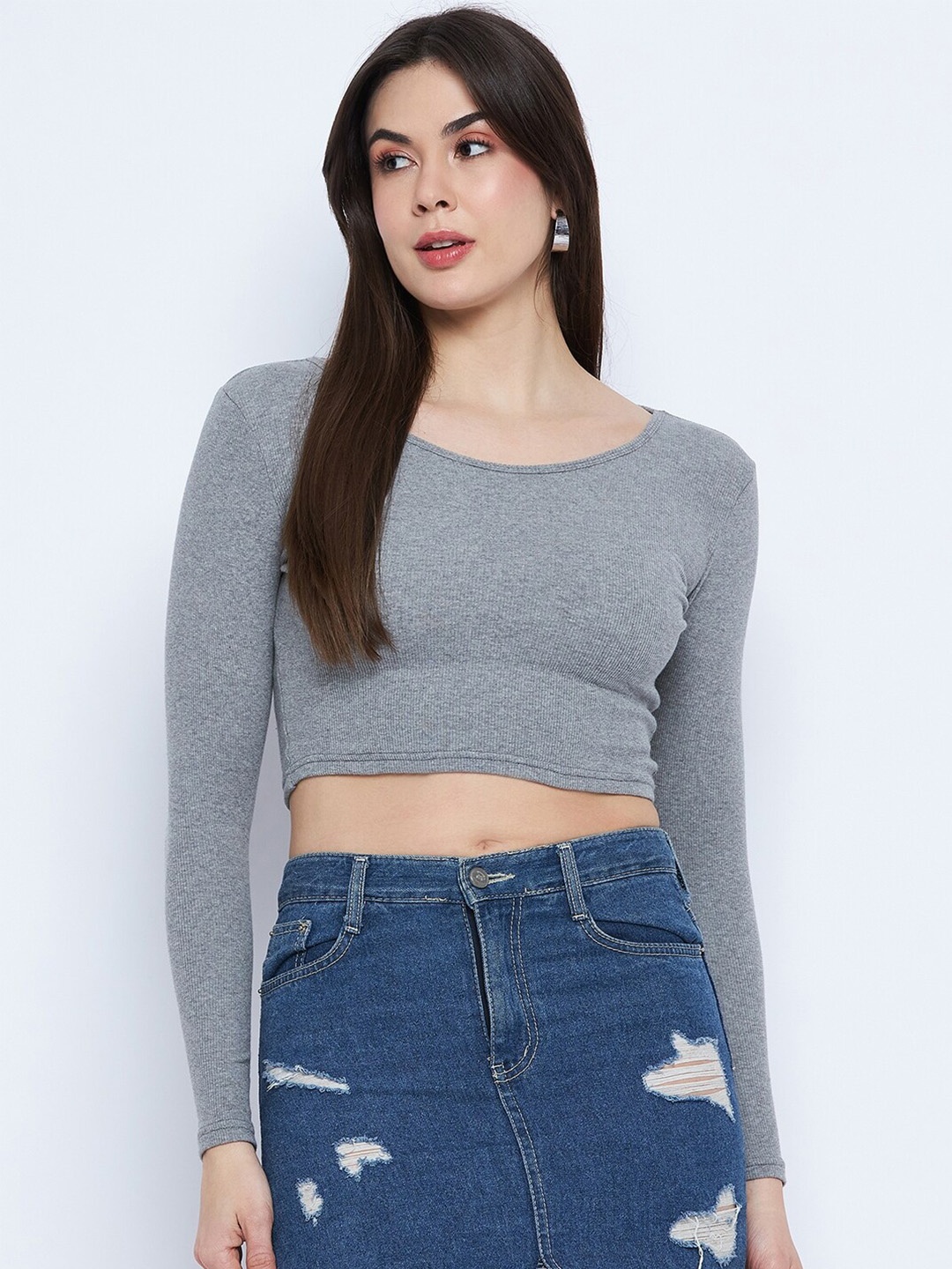 

Mayra Round Neck Fitted Crop Top, Grey