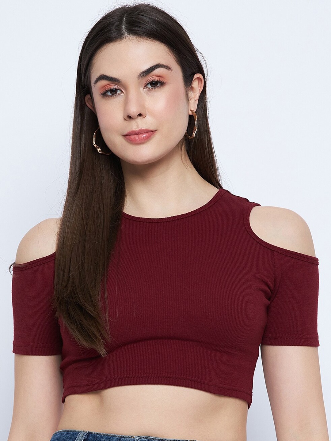 

Mayra Cold-Shoulder Crop Fitted Top, Maroon