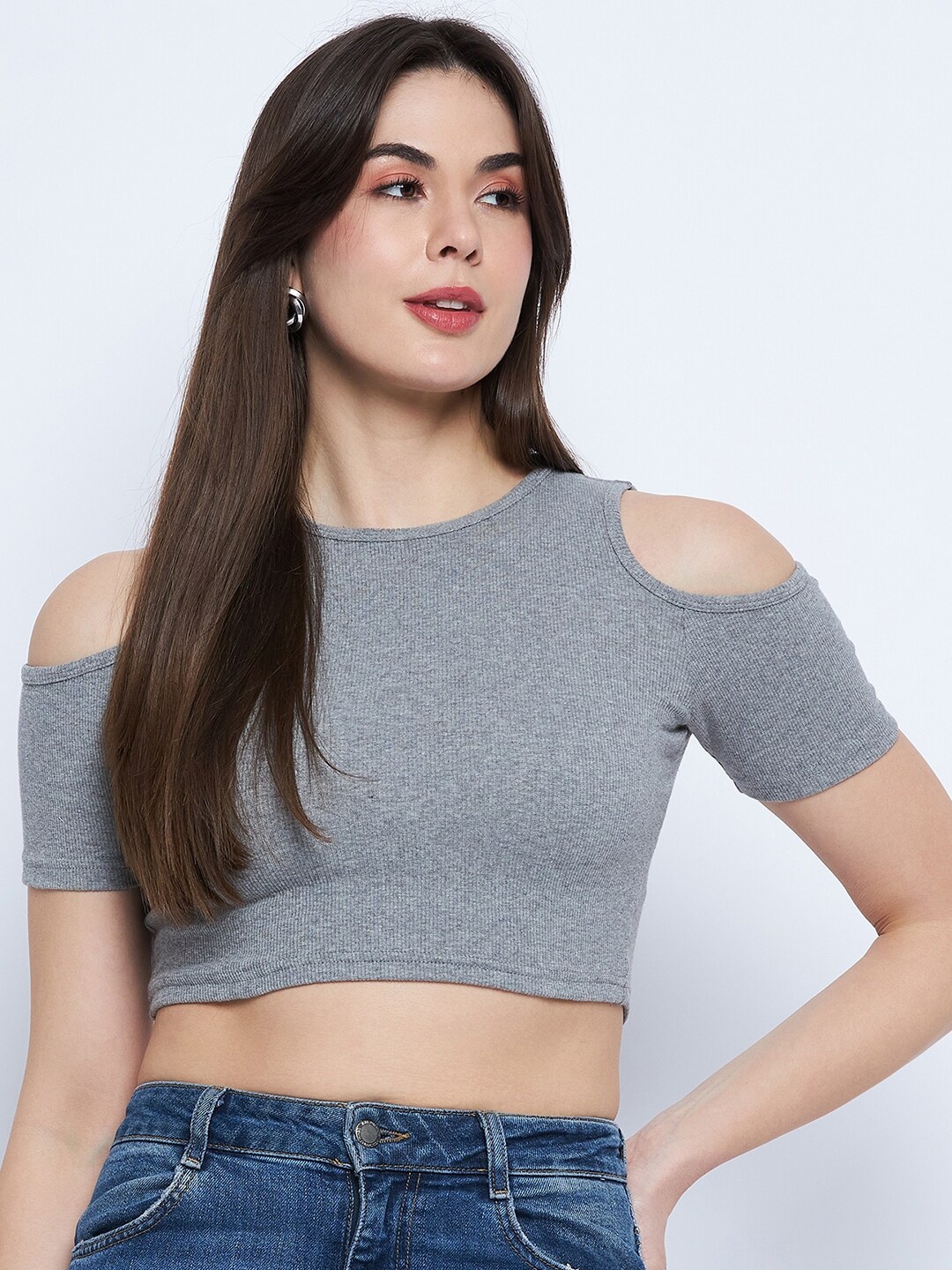

Mayra Round Neck Cold-Shoulder Crop Fitted Top, Grey