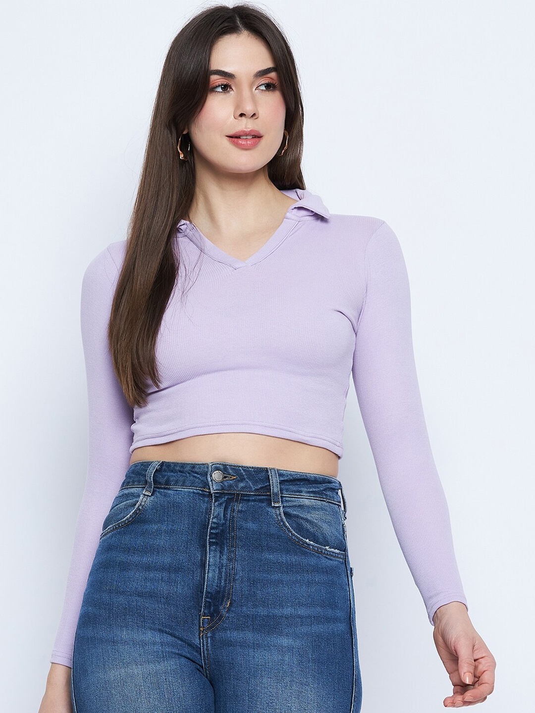 

Mayra Shirt Collar Crop Fitted Top, Lavender