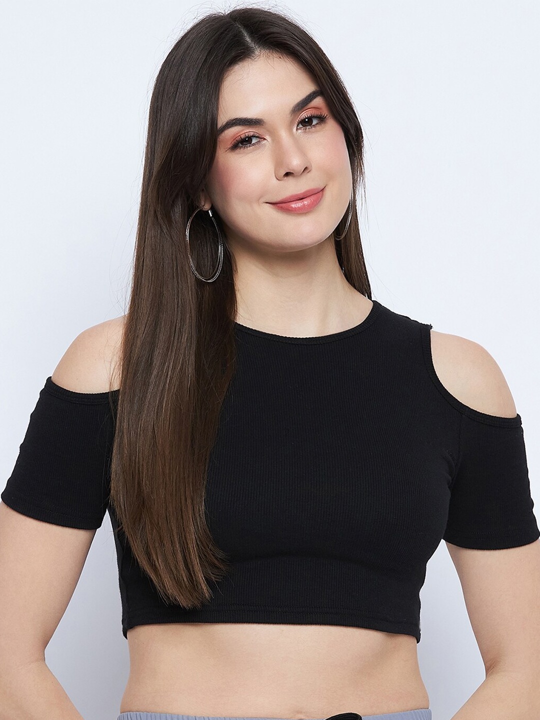 

Mayra Ribbed Round Neck Cold-Shoulder Sleeves Fitted Crop Top, Black