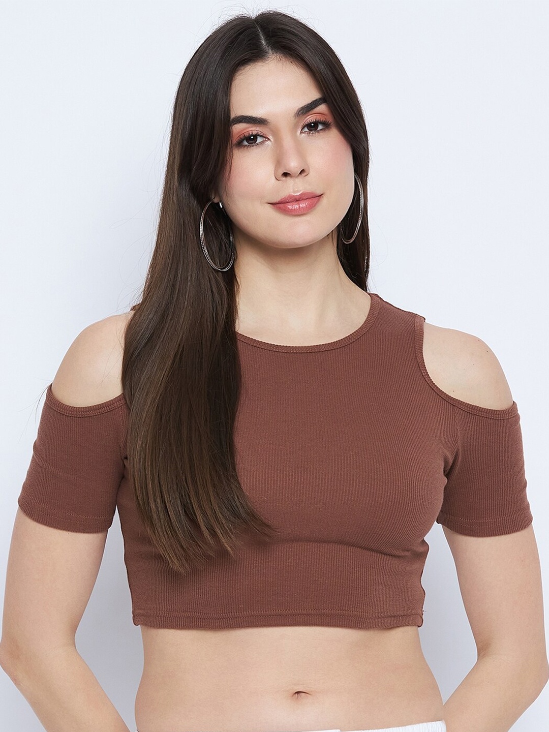 

Mayra Ribbed Cold-Shoulder Sleeves Fitted Crop Top, Brown