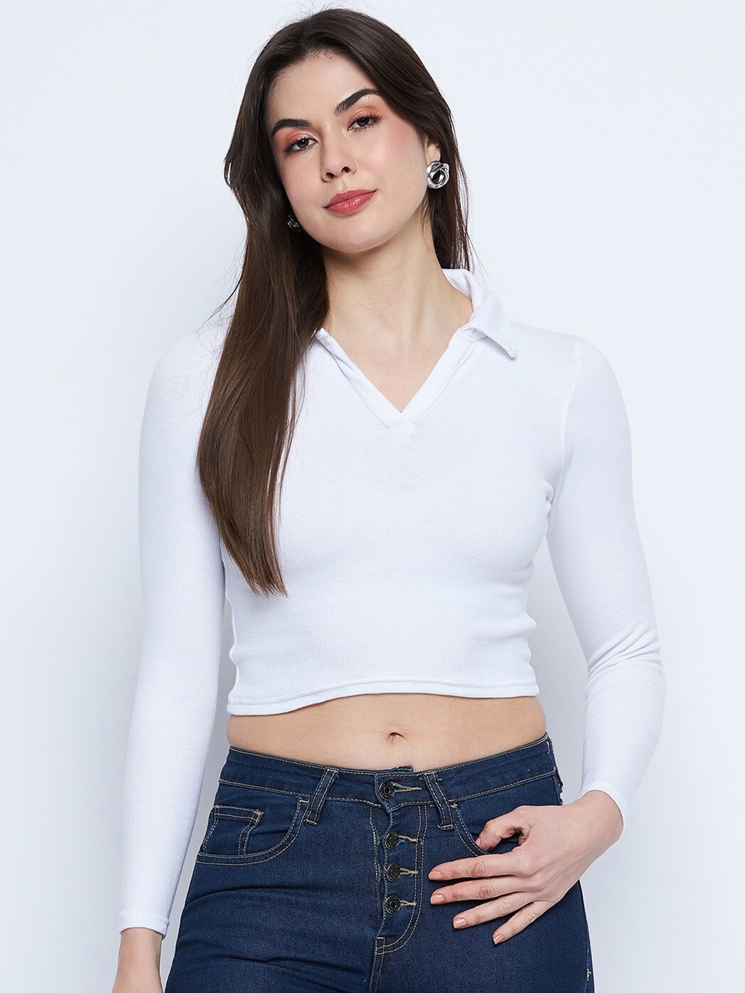 

Mayra Shirt Collar Fitted Crop Top, White