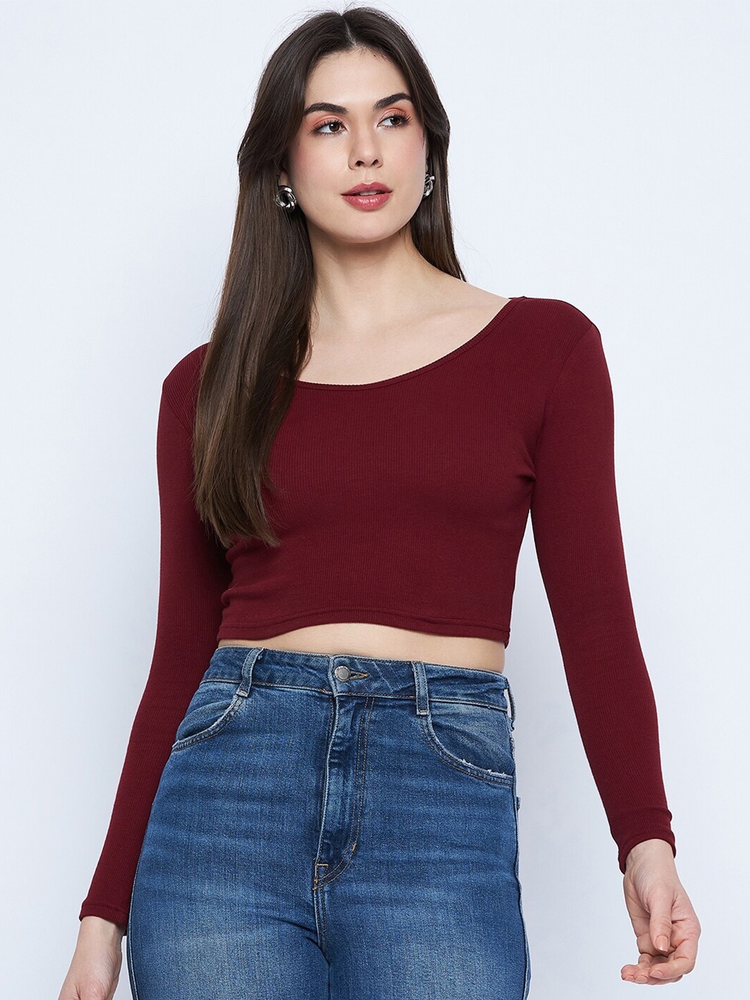 

Mayra Ribbed Round Neck Fitted Crop Top, Maroon