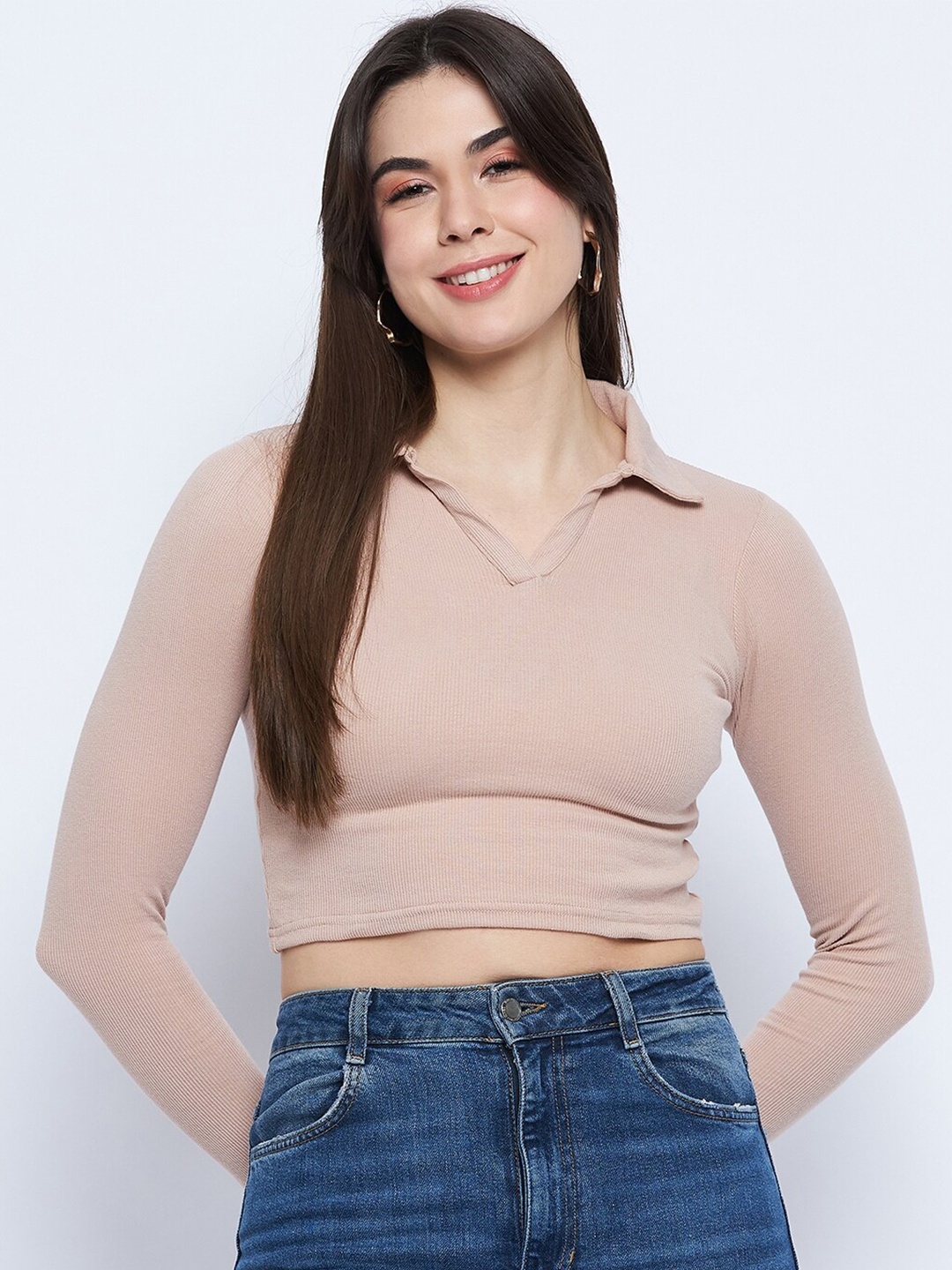 

Mayra Shirt Collar Crop Fitted Top, Beige