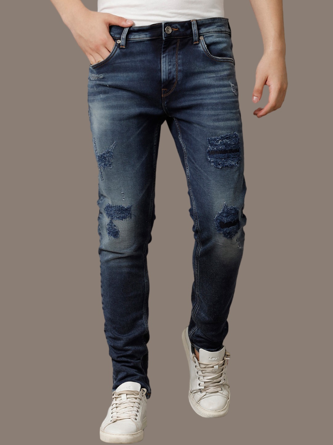 

Voi Jeans Men Comfort Skinny Fit Highly Distressed Heavy Fade Stretchable Jeans, Blue