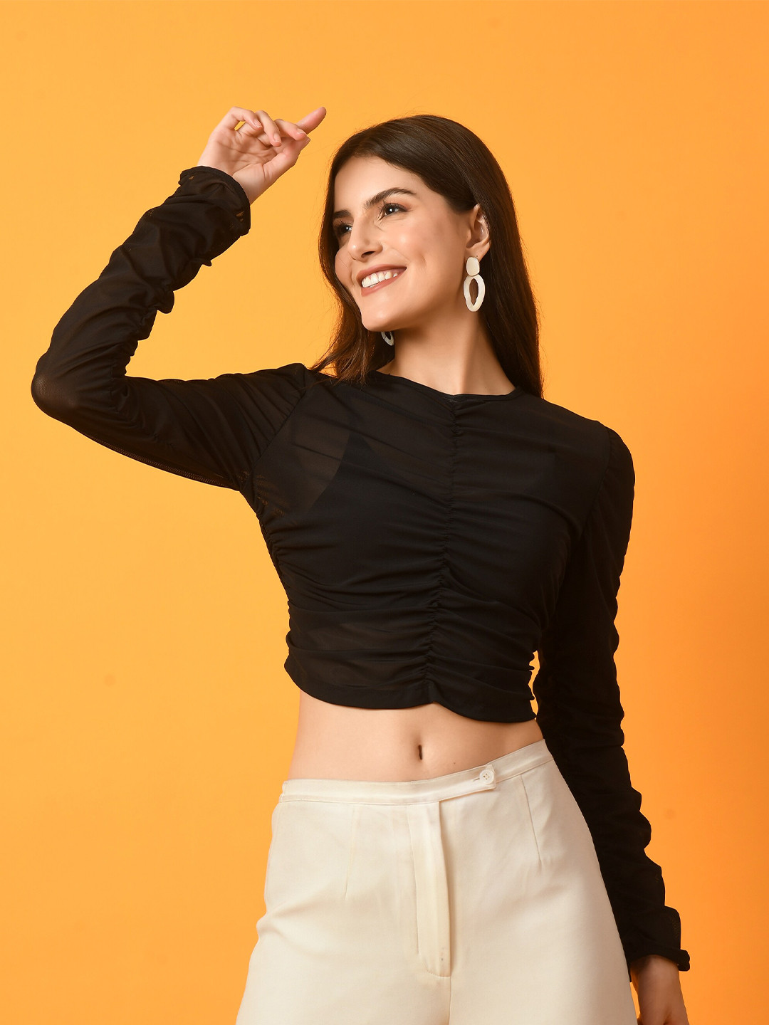 

PANDORNA Ruched Fitted Crop Top, Black