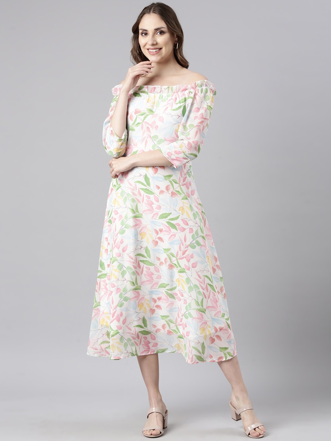 

TWIN BIRDS Floral Printed Off-Shoulder Fit & Flare Midi Dress, White