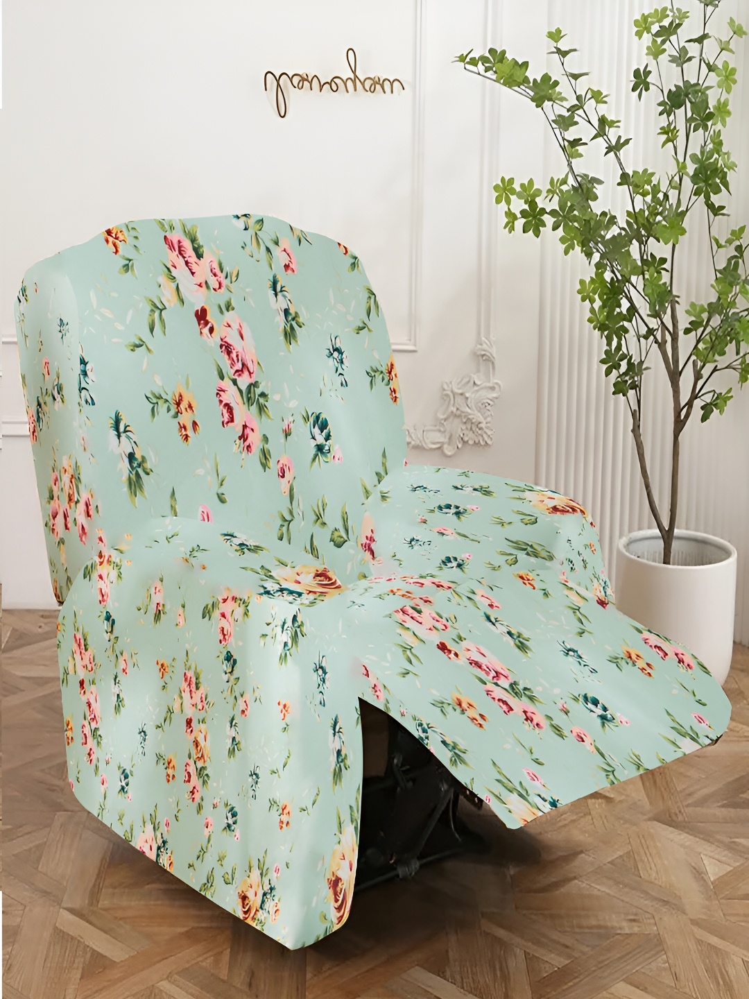 

HOUSE OF QUIRK Recliner Green & Pink 4 Pieces Printed 1 Seater Sofa Cover With Arms