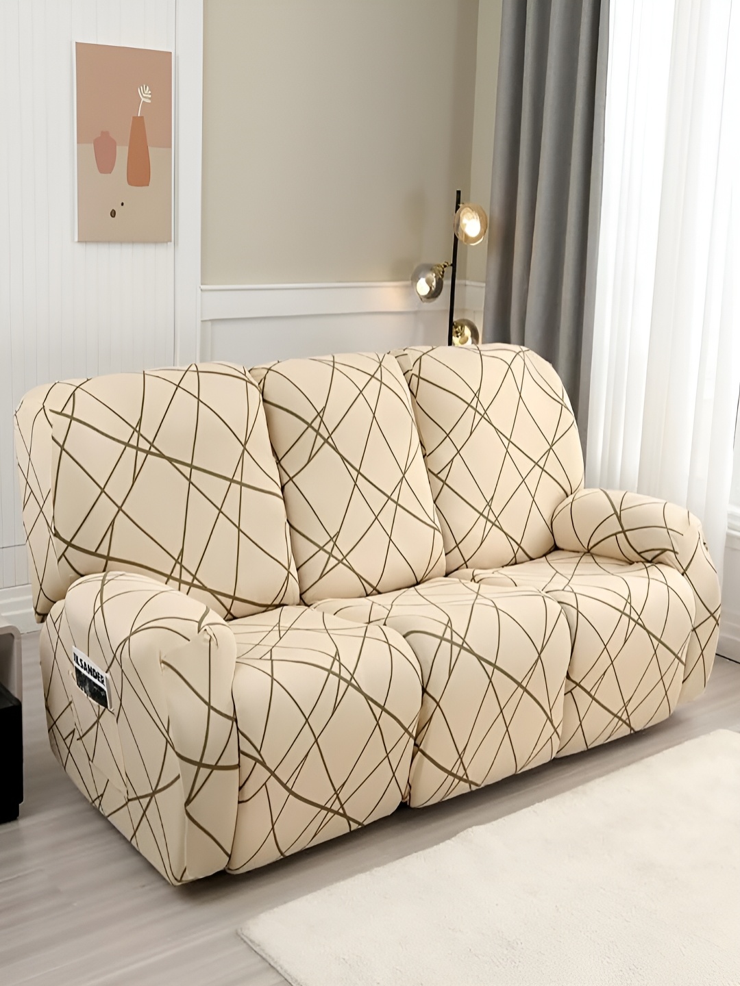 

HOUSE OF QUIRK Recliner Beige 8 Pieces Printed 3 Seater Sofa Cover With Arms
