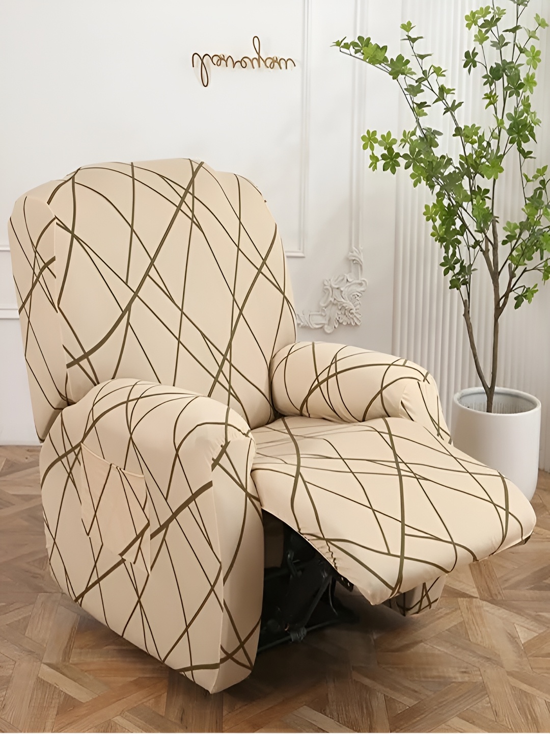 

HOUSE OF QUIRK Recliner Beige & Green 4 Pieces Printed 1 Seater Sofa Cover With Arms
