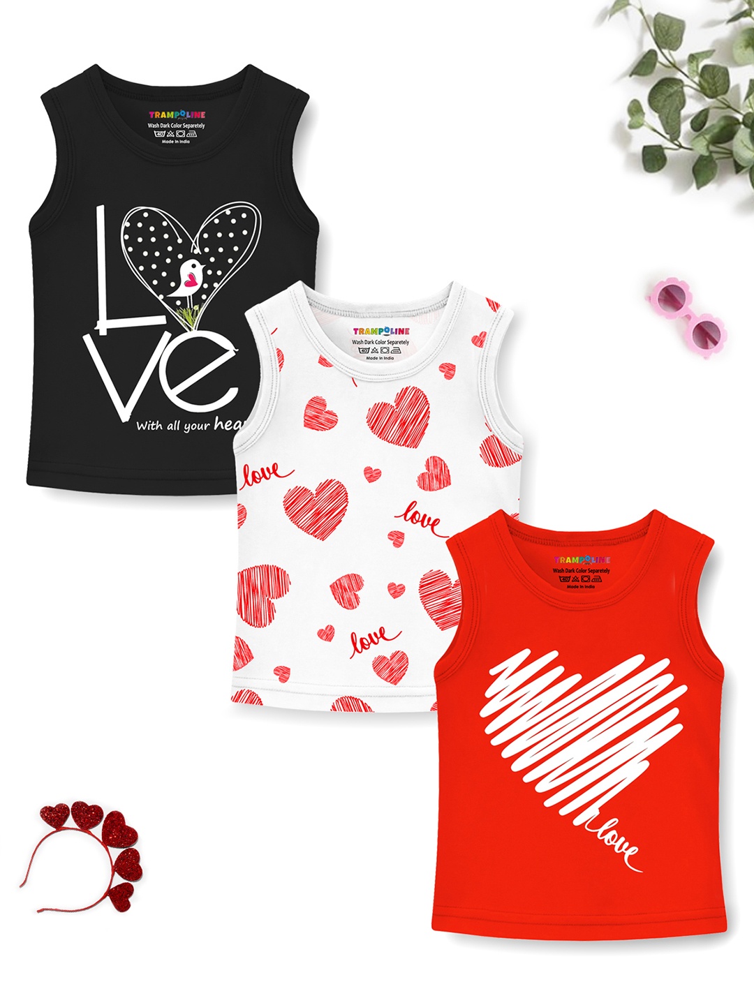 

Trampoline Girls Pack Of 3 Printed Sleeveless Cotton T-shirts, Red