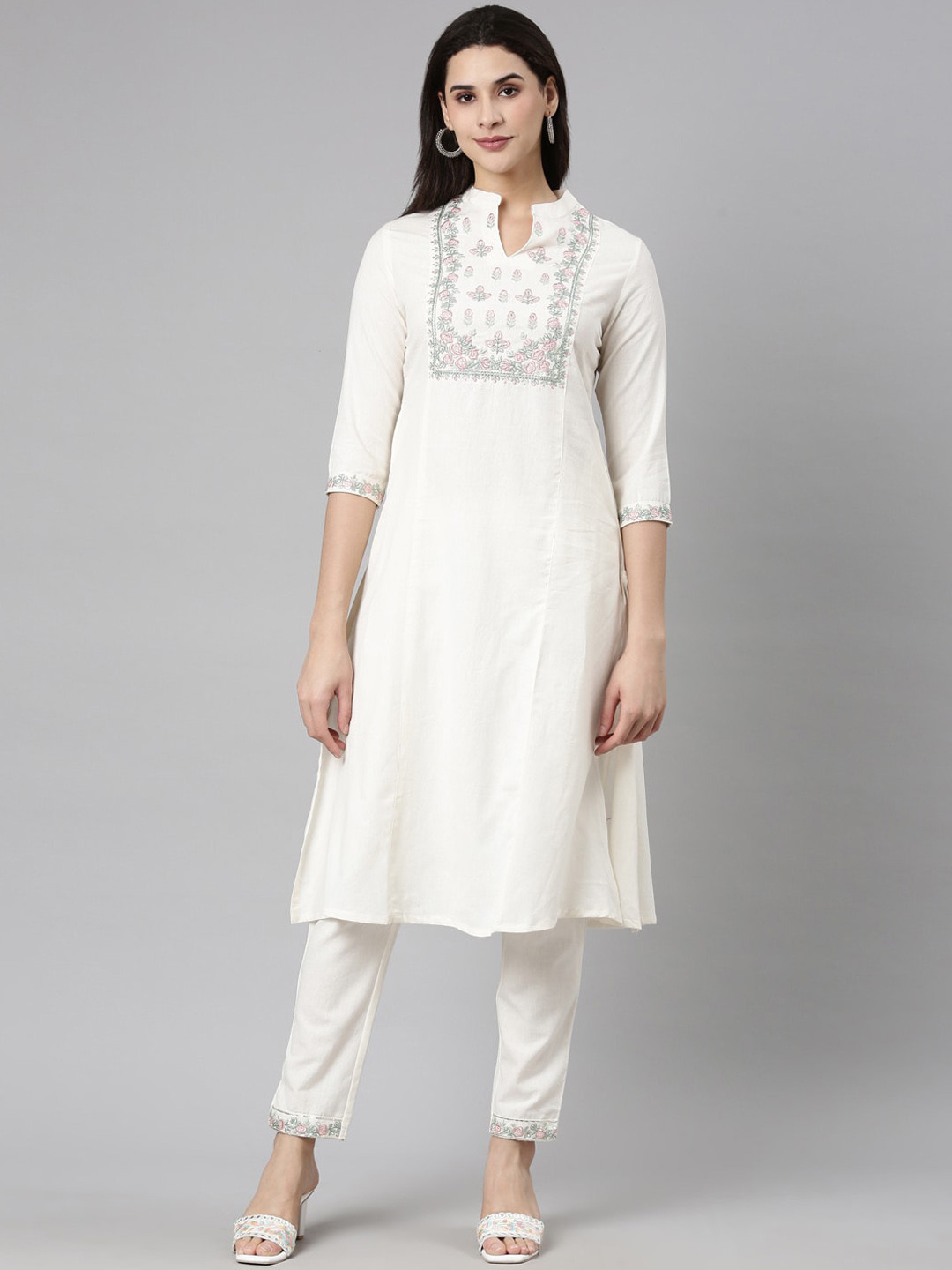 

Neerus Floral Embroidered Regular A-Line Kurta with Trousers, Cream