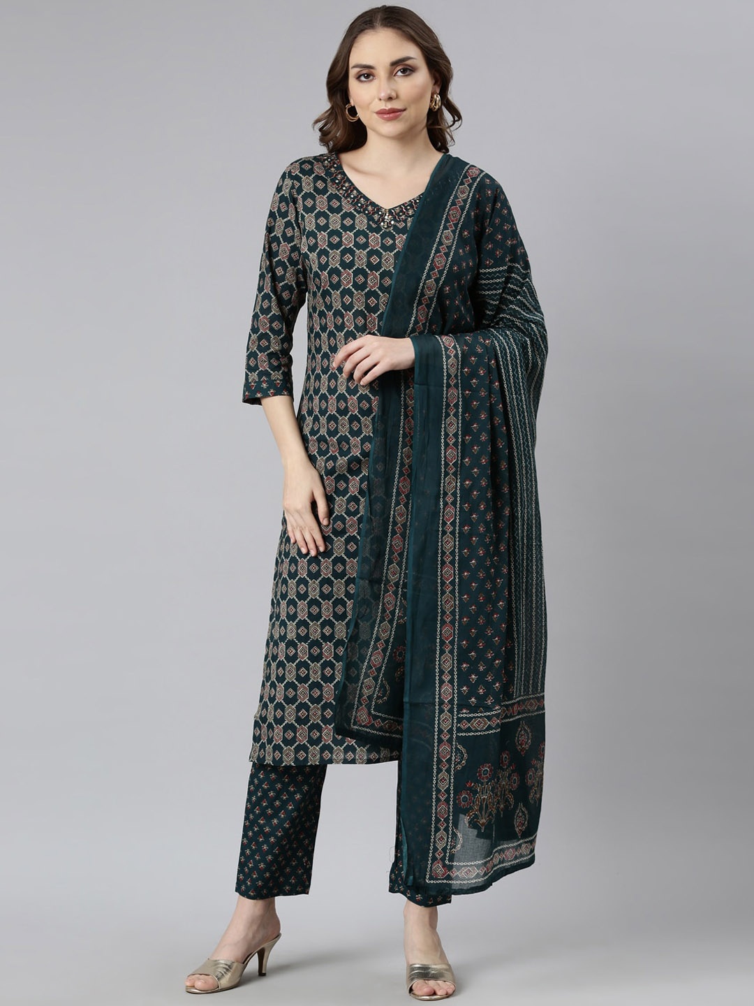 

Neerus Printed Regular Sequinned Kurta with Trousers & Dupatta, Green