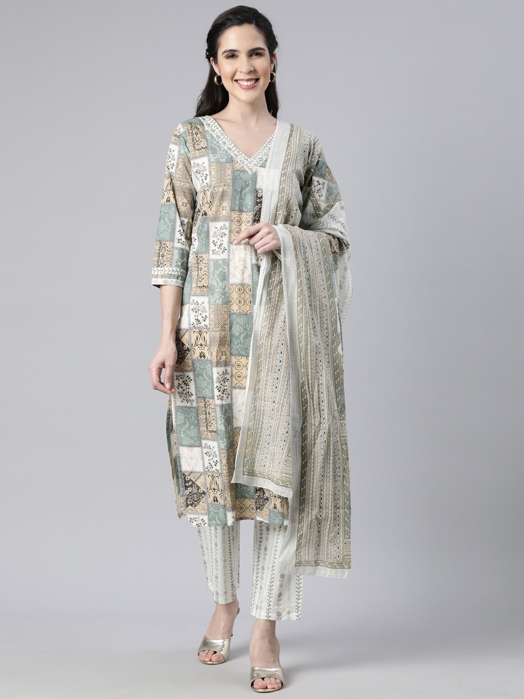 

Neerus Floral Printed Thread Work Kurta with Trousers & Dupatta, Beige